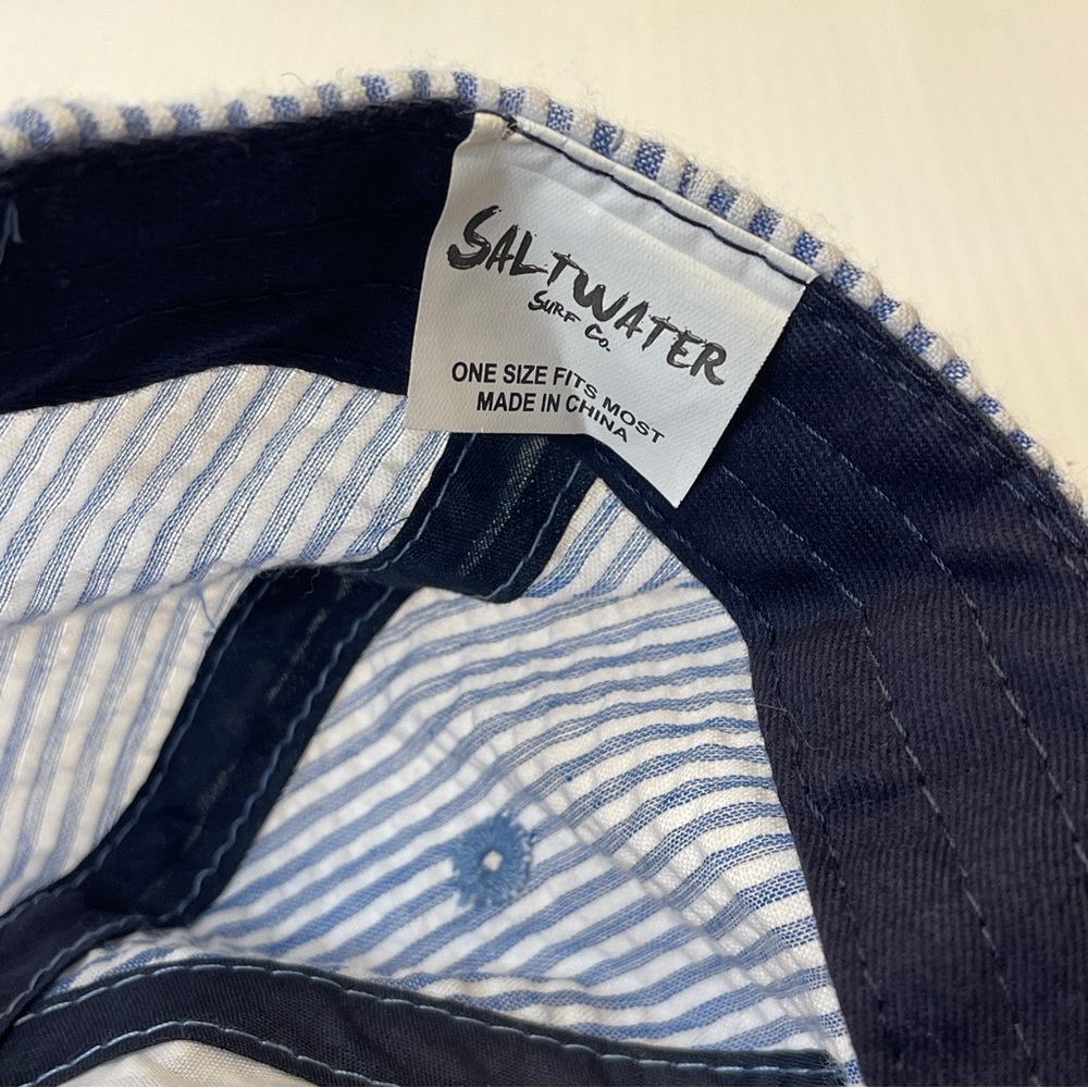 Saltwater Seersucker, blue/white pinstripe baseball cap Whale Myrtle Beach EUC - Picture 5 of 5